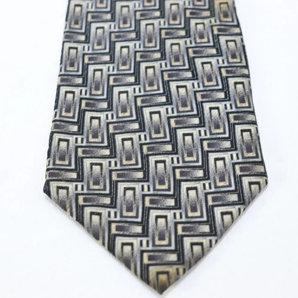 Vintage Pierre Cardin Tie Mens 60 in Silk Black White Gray Geo Stairs Wide